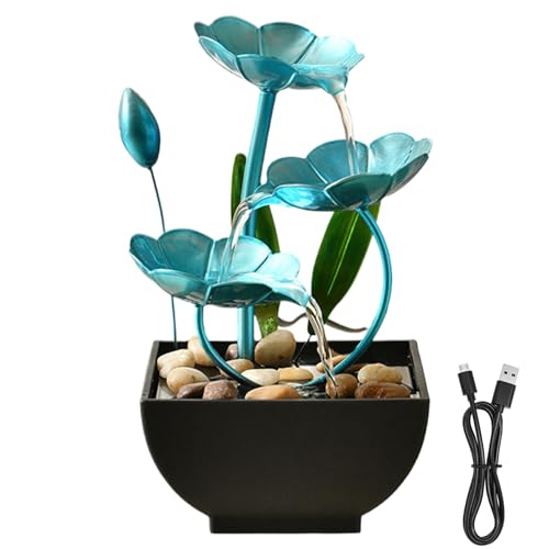 Hperu Fontaine à Eau de Table Lotus 5x5x9 Pouces, alimentée par USB, Mini Cascade Zen de Relaxation intérieure, décor pour Bureau et Salon, Bleu