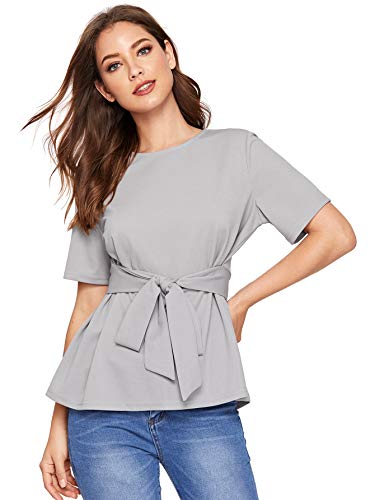 Floerns Women's Causal Short Sleeve Self Tie Waist Shirt Blouse Tops Grey M
