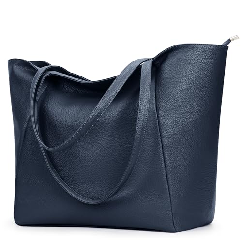 KALIDI Bolsos grandes para mujer, con asa superior, de piel sintética, con cremallera, para el trabajo, compras, escuela, viajes, azul oscuro, 35 cm x 17 cm x 36 cm