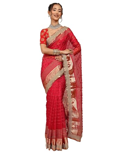 Image of Libas Woven Design Chanderi Silk Saree for Women With Unstitched Blouse Piece | Traditional Saree for Party & Wedding