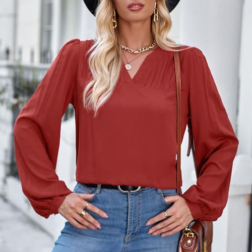 Blusa feminina casual com decote em V, manga comprida plissada, cor pura, ajuste solto, pulôver bási