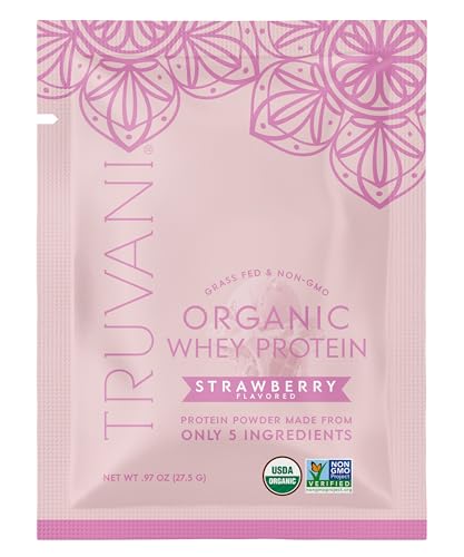 Truvani Organic Whey Protein Powder | Strawberry | 20g Grass Fed Whey Protein | 1 Serving | USDA Organic & Non-GMO | Gluten Free | No Gums No Soy No Stevia No Added Sugars