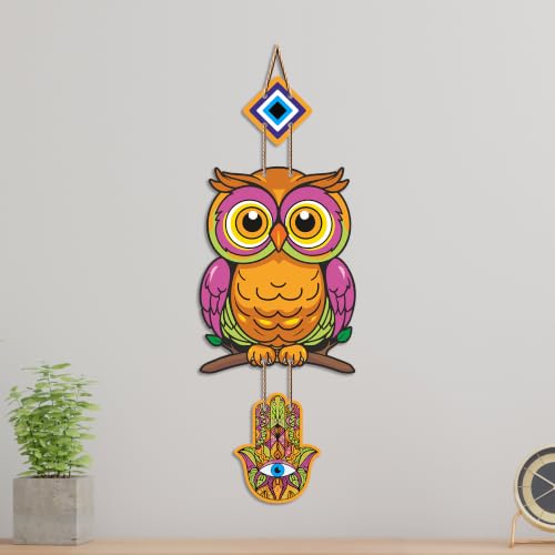 Image of Artvibes Owl Evil Eye Protection Wall Hanging for Home Entrance | Lucky Owl MDF Nazar Battu Decor | Decorative Vastu Wall Art for Bedroom | Office | Balcony & Living Room | Home Accent (WH 8528N)