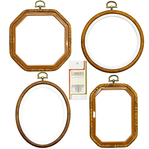 LAMXD 4 Sizes Imitated Wood Multiple Shapes Embroidery Hoop Set Plastic Circle Cross Stitch Hoop Rings for DIY Craft Sewing, Small Faux Wooden Embroidery Hoop Including 16pcs Gold Eye Sewing Needles