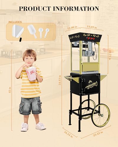 Image of Large Popcorn Machine with Cart: 12 Oz Vintage Commercial Popcorn with Foldable Stand Makes Up to 48 Cups, 3 Serving Cups, Measuring Cups & a Scoop for Home Party Office, Black