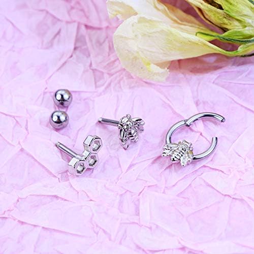 Melighting 3pcs Cartilage Earring Cute Bee Helix Earring Hinged Segment Ring Honeycomb Tragus Stud Conch, Daith Earrings Septum Rings