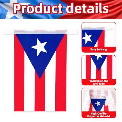 Image of 32.8 ft Puerto Rico Flag Banner, 30 Pcs Mini String Flags, Red White Blue Bunting for Puerto Rican Day Parade, Festivals, Home, Garden, and Outdoor Decorations