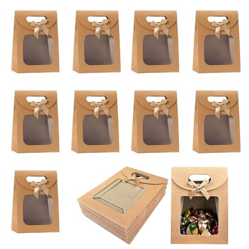 20 Piezas Bolsa de Regalo con Ventana, Bolsas Papel Marrónes, Bolsas Embalaje Papel Kraft, Bolsas de Papel Kraft DIY, Bolsa de Regalo con Asa Marrón, para Envasado de Dulces, Snacks, Galletas
