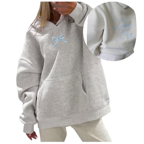 XXS Grey Christmas Sweatshirt Women Bow Embroidery Print Jumper Long Sleeve Shirt Unisex Pullover Causal Crewneck Sweat Tops Fleece Lined Womens Xmas Top Ladies Reindeer Graphic Printed Sweatshirts