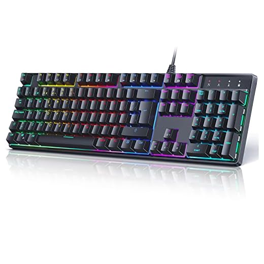 Teclado Mecánico Gaming, ES QWERTY 105 Teclas Retroiluminadas, Switch Azul Ergonomico Teclado para Juegos Teclas Personalizables, 14 Modos de Luz Dinámica LED, 5 Teclas Macro Integración, Paso de USB