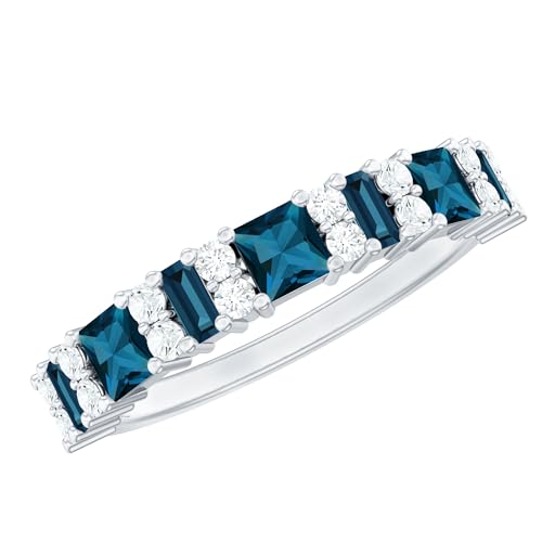 Natural London Blue Topaz Half Eternity Band with Moissanite, AAA Quality, Topaz Anniversary Ring (Ideal for Gift) - Main Image