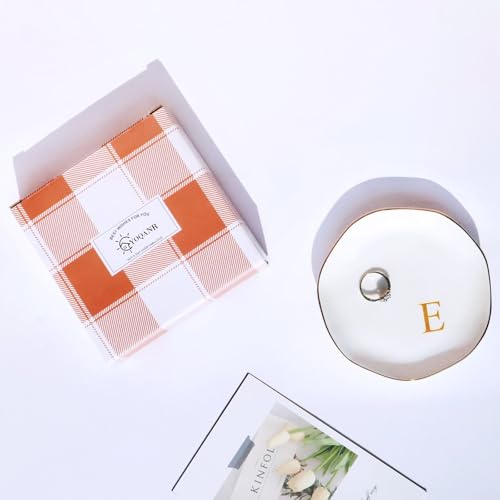 Image of Ceramic Jewelry Tray Initial Ring Dish Personalized E-Monogrammed Engagement Wedding Gifts, for Birthday Mother's Day Christmas for Women, Ceramic White 4.75 inch (E)