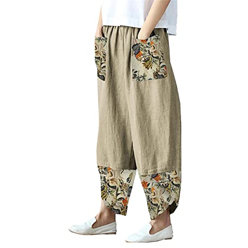 Maiyifu-GJ Women's Patchwork Linen Wide Leg Pants Elastic Waist Casual Capri Harem Trousers Loose Tapered Lounge Baggy Pant (Light Yellow,5X-Large)