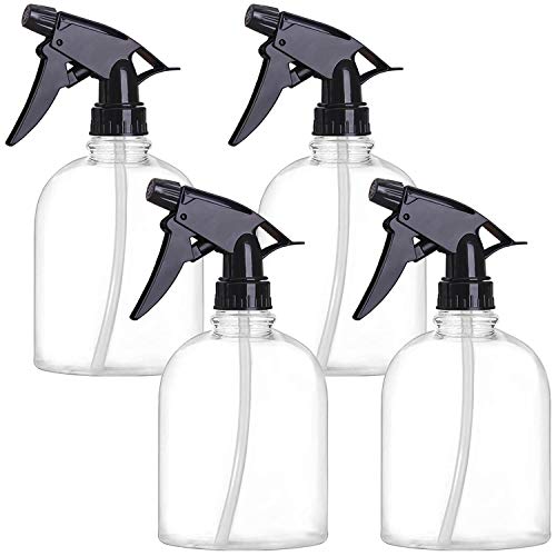 Empty Plastic Spray Bottles 4 pack 16oz/500ml Clear BPA Free Refillable Containers Durable Adjustable Black Trigger Sprayer with Fine Mist & Stream Modes for Hair Cleaning Solutions Gardening Plant