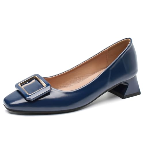 Women's Square Toe Low Block Heel Pumps Premium Leather Slip On Dress Shoes for Office Casual Wear Blue-11