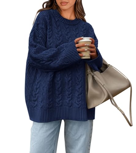 Okiwam Women's Oversized Sweaters Crewneck Cable Knit Pullover Casual Loose Fall Outfits Fashion Clothes 2025