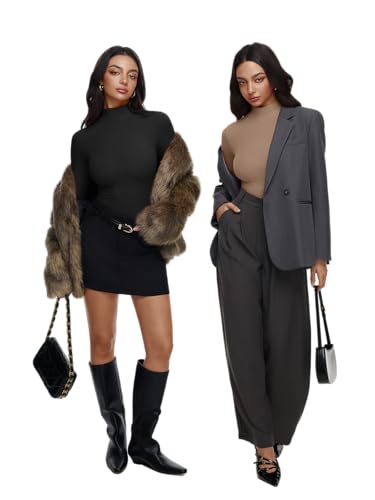 Image of REORIA Women's Turtleneck Tops Slim Basic Mock Neck Long Sleeve Shirts 2025 Fall Winter Layering Outfits