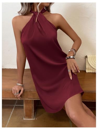 Image of Floerns Women's Pearl Beaded Halter Twist Sleeveless Tie Back Dress A Line Dress