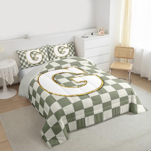 Image of Erosebridal Sage Green Checkered Comforter Set Queen Plaid Initial G Bedding Set Personalized Monogram Comforter for Kids Adults,Fashion Grids Gingham Quilt Duvet