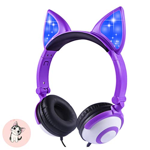 Kids Headphones, Snowwicase - Wired Headphones for Kids,with LED Glowing Cat Ears Headphones,Foldable