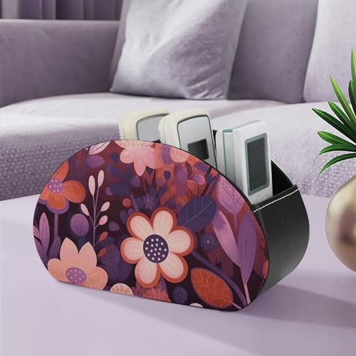Support de télécommande motif floral violet foncé 5 compartiments en cuir