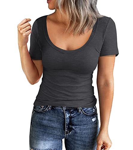 Roselux Women Short Sleeve Scoop Neck Ribbed Fitted Knit Shirt Basic Tight T-Shirts(3857,Dark Grey-M) #TOP5