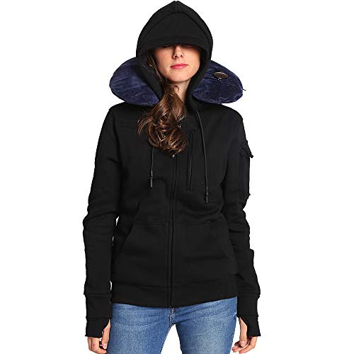 Bombax Women Travel Jacket Hoodie 10 Pocket Flight Bomber Sweatshirt Coat+Pillow (Black, Large(Asian Size))