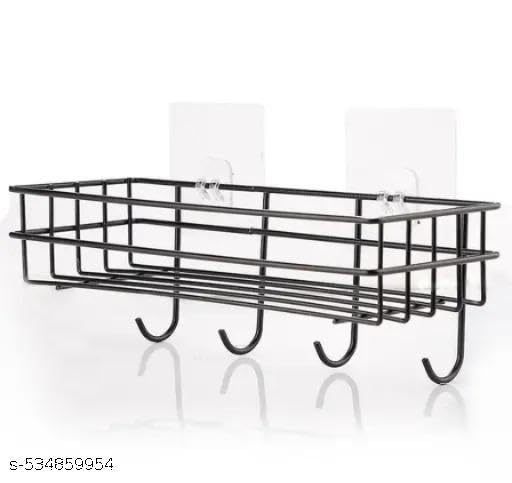 (Pack of 2) Steel Self-Adhesive Multipurpose Bathroom Shelf with Hooks/Towel Holder/Rack/Bathroom Accessories-Wall Mount - Pack of 2 (Black,Powder Coated)|BHR-P1923 2