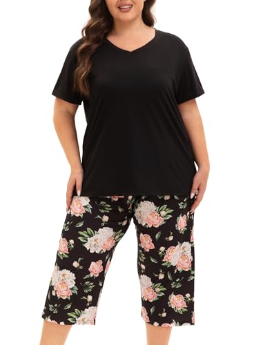 Image of Plus Size Pajamas for Women Set, Womens Plus Size Short Sleeve V Neck Capri Pants Pajama Sets with Pockets