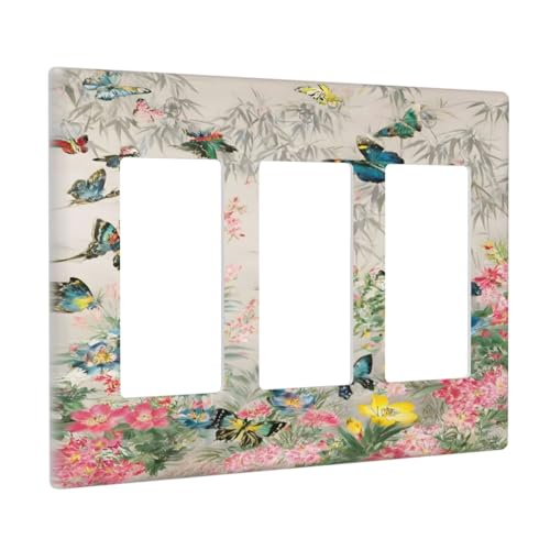 Decorative Outlet Covers Boho Wildflowers Butterfly Rustic Blue Pink Flowers 3 Gang Wall Plate Triple Rocker Light Switch Cover Plate Jumbo Electrical GFCI Faceplate for Country Home Decor