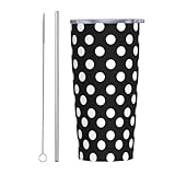 YIKISSKID Dot 20oz Tumbler with Lid and Straw for Women Men, Black Polka Dot Insulated Mug White Point Design Circle Round Stainless Steel Tumbler Double Wall Vacuum Travel Mug Coffee Cup