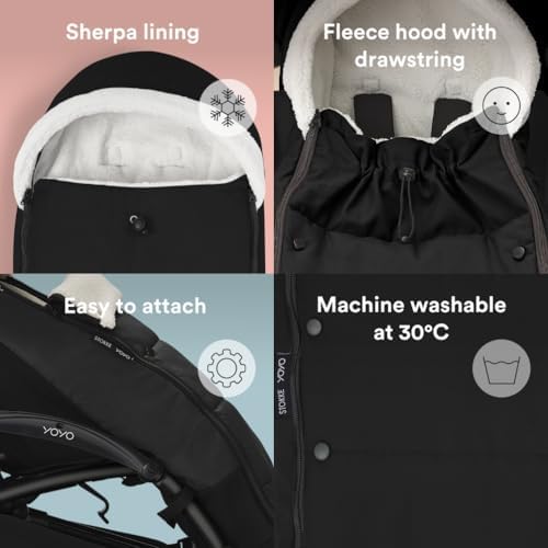 Stokke YOYO Footmuff, Black - Sherpa Lining & Fleece Hood with Drawstring to Keep Baby Warm - Includes Carrying Bag - Machine Washable - 2