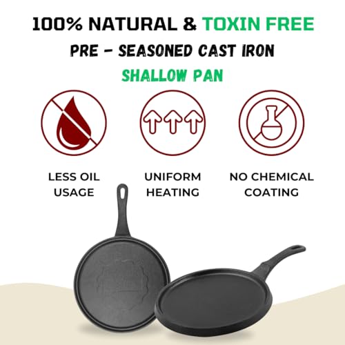 Image of Pencil Pre-Seasoned Cast Iron Shallow Pan 24 cm | Fry /Roasting Pan | Compatible with Gas Stoves & Induction | Naturally Nonstick | 100% Pure & Toxin-Free | No Chemical Coating | Long Lasting | Black