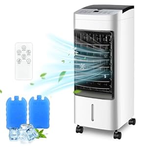 M MUNCASO 65W verdampingsluchtkoeler draagbare airco – 5L tank 2 ijspakket, 3D luchtstroom met 3 modi en snelheden, LED-touchscreen 12 uur timer, afstandsbediening airconditioner koelventilator voor