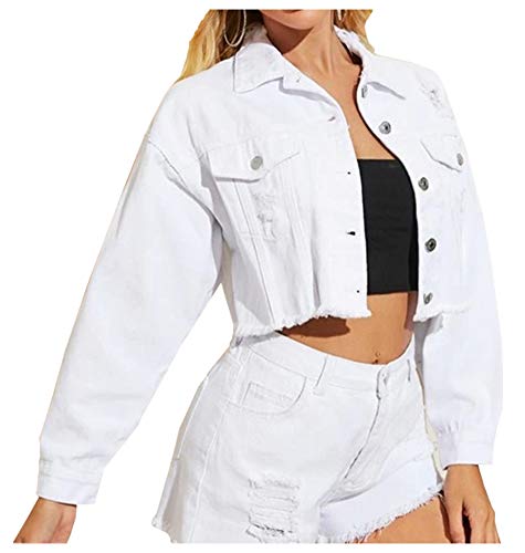 LifeShe Women Cropped Ripped Distressed Denim Jean Jacket Coat Fringe with Frayed Hem