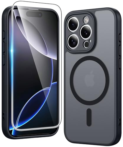 Image of FNTCASE for iPhone 16 Pro-Max Case: Matte Magnetic Phone Cases with Screen Protector Compatible with Magsafe Slim Anti Yellowing Rugged Shockproof Protective Translucent Cell Cover (C-Black)