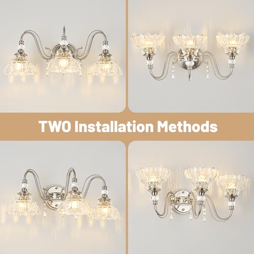 Image of Brushed Nickel Bathroom Vanity Light, 3-Light Nickel Finish Wall Sconce with Hanging Crystal Accents and Flower-Shaped Clear Glass Shades, Modern Wall Mount Vanity Light Over Mirror for Bathroom