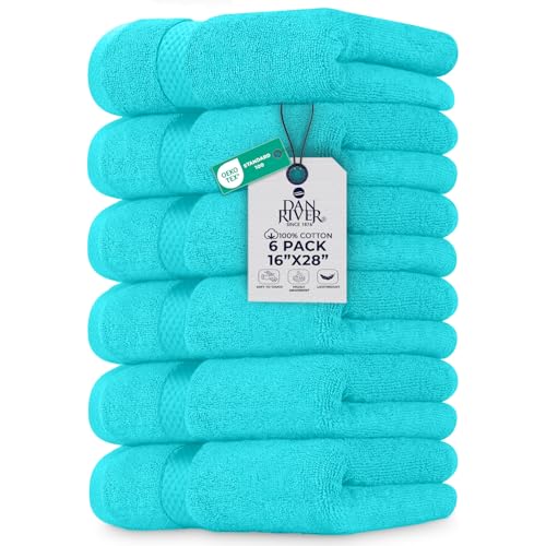Image of DAN RIVER 6-Pack Premium Hand Towels (16x28 Inches) - 100% Cotton, Ultra Soft, Lightweight, Highly Absorbent Towels for Bathroom, Spa, Gym, Salon, Hotel, and Travel - Turquoise