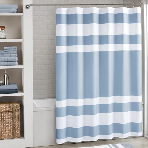 Madison Park Shower Curtain Waffle Weave Striped Pieced Design Fabric Shower Curtain Extra Long Premium Spa Quality Modern Shower Curtains for Bathroom Tall 72'x84' Blue