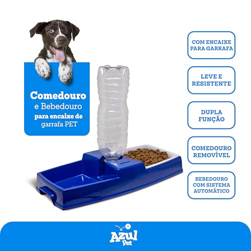 Comedouro e Bebedouro para Cães, Suporte para Garrafa Pet com Prato de Ração, Azul