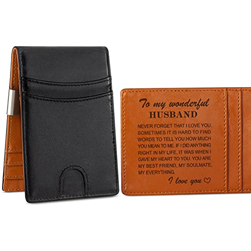 Husband Wallet Personalized Wallets Mens Gift for Husband from Wife Engraved Wallet Slim with Clip to Husband Gifts Birthday Anniversary Christmas for Him Gift RFID Bifold Card Holder