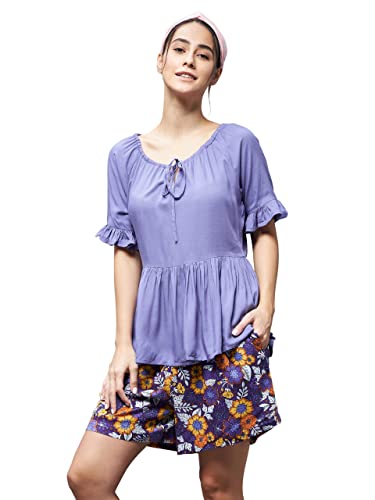 Image of Miss Chase Women's Lavender Round Neck Short Sleeve Floral Front Placket Short Top & Shorts Sets