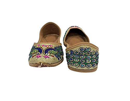 Image of Punjabi Jutti Flats for Women,Multicolor Peacock Design Shoes Bohemian Sandles,Handmade Indian Beaded Trad