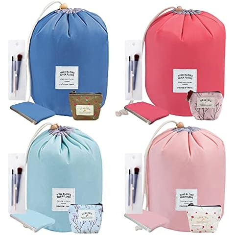 INVODA Cosmetic Bags Drawstring Barrel Makeup Bag,Women&Girls Portable Foldable Cases Multifunctional Toiletry Bucket Bags Travel Makeup Organizer Storage Pocket Soft Collapsible (4PCS+Coin Bag Cover