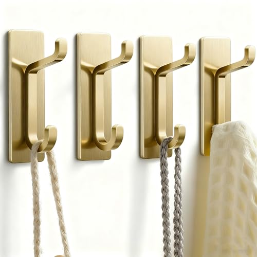 pickpiff Self Adhesive Hooks, Extra Sticky 10LB (Max), Heavy Duty Stainless, Stick On Wall and Door Hooks for Hanging, Bathroom Towel Hooks and Coat Hooks, Robe Hook Wall Mounted, Gold, 4 Pack