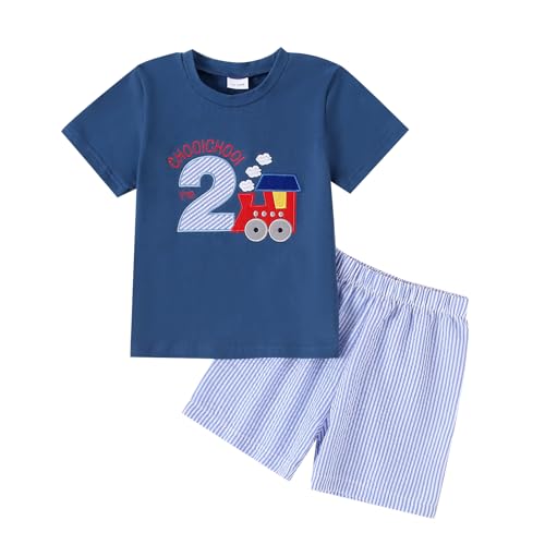 YOKJZJD Toddler Baby Boy Choo Choo Im Two 2nd Birthday Outfit Train Short Sleeve T-Shirt Striped Shorts Set Summer Clothes (Blue 2-3 Years)