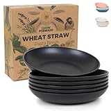 Grow Forward Premium Wheat Straw Pasta Bowls - 30oz Unbreakable Wide & Shallow Dinner Plate Bowls Set of 6 - Microwave Safe Reusable Plastic Pasta Bowls for Kids, Adults, Salad, Camping, RV - Midnight