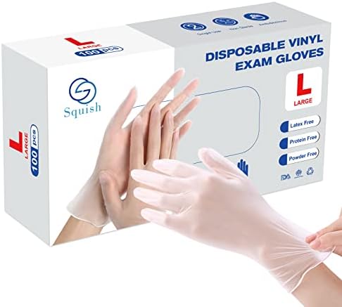 Squish Disposable Gloves, Clear Vinyl Gloves Latex Free Powder-Free Glove Cleaning Health Gloves for Kitchen Cooking Cleaning Food Handling, 100PCS/Box, Large