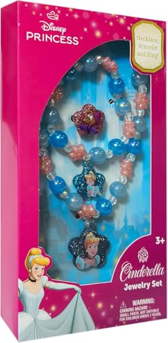 LUV HER Disney Princesses Cinderella Girls Jewelry Set - Dress up 3 Piece Toy Jewelry Box Set with Bead Necklace Bracelet and Ring - Play Accessories - Ages 3+
