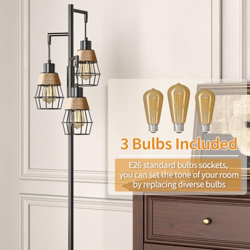 Image of Oneach 70 inch Floor Lamps for Living Room, Stepless Dimmable Boho Floor Lamp with 3 Bulbs, Tall Farmhouse Industrial Corner Standing Tree Lamp for Bedroom, Office, Study Room, Dining Room, Black